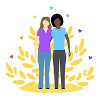 duas meninas lésbicas, pretas e brancas. casal LGBT. relacionamento gay. ilustração em vetor conceito. perfeito para publicação na Internet.
