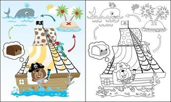 vetor ilustração do Urso desenho animado em barco a vela, piratas elemento ilustração, coloração livro ou página