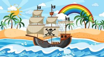 cena do oceano durante o dia com o navio pirata em estilo cartoon vetor