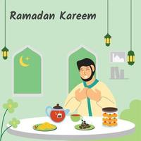 vetor ilustração muçulmano pessoas iftar do Ramadã. ilustração pessoas orar para iftar com Comida em a mesa. Ramadã kareem plano Projeto