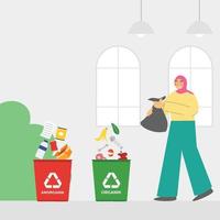 ilustração do mulher hijab Faz desperdício Ordenação. lixo, lixo Ordenação. pessoas colocando rubis dentro Lixo bins. Lixo recipiente classificação. Salve  a terra conceito Projeto vetor