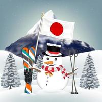 boneco de neve e equipamento de esqui na colina de inverno do japão vetor