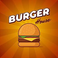 hambúrguer casa fast-food refeição cartaz publicitário com raios e inscrição de letras. modelo de design de banner promocional de hambúrguer delicioso ou cheeseburger. ilustração vetorial para menu de restaurante vetor