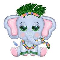 fofa desenho animado elefante, infantil personagem com lindo olhos dentro havaiano fantasia, de praia e período de férias vetor