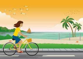 menina equitação bicicleta às a de praia vetor