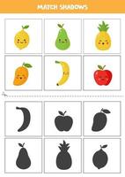 encontrar sombras de frutas bonitos dos desenhos animados. cartões para crianças. vetor