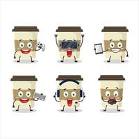 café copo desenho animado personagem estão jogando jogos com vários fofa emoticons vetor