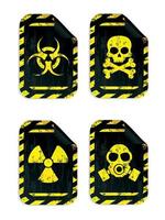 Perigo placa adesivos conjunto dentro grunge Projeto estilo vetor. radiação sinal, risco biológico sinal, tóxico sinal, Poção placa vetor