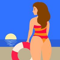 garota na praia com flutuador inflável vetor