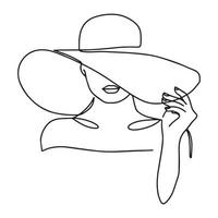 mulher dentro chapéu vetor 1 linha arte. linha arte. minimalista imprimir. Preto e branco. beleza logotipo. retrato do jovem moderno mulher vestindo chapéu. vetor