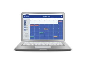 calendário planejador organização gerenciamento. computador portátil calendário evento inscrição em tela. ilustrador vetor