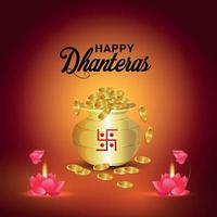 shubh dhanteras, a celebração do festival da Índia, com um pote de moedas de ouro criativo e flor de lótus vetor