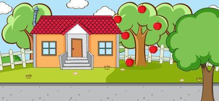 cena ao ar livre com uma casa e uma macieira vetor