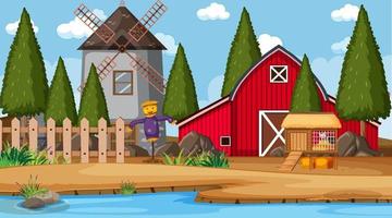 cena de fazenda vazia com celeiro vermelho e moinho de vento vetor