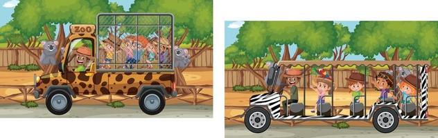 cena do zoológico com crianças no carro de turismo vetor
