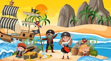 cena da ilha do tesouro na hora do pôr do sol com crianças piratas vetor