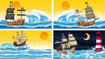 conjunto de oceano com navio pirata em diferentes momentos, cenas em estilo cartoon vetor