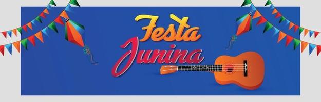 Banner ou cabeçalho de convite festa junina com ilustração em vetor criativo de bandeira de festa colorida e guitarra
