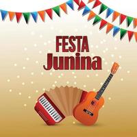 cartão festa junina com bandeira de festa colorida criativa e guitarra vetor