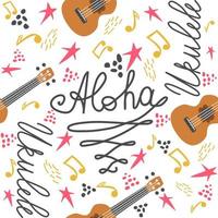 ukulele desatado padrão, ukulele. padronizar com monstro, folhas, flores, notas, inscrições vetor