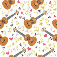 ukulele desatado padrão, ukulele. padronizar com monstro, folhas, flores, notas, inscrições vetor