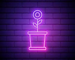 planta de néon brilhante no ícone do pote isolado no fundo da parede de tijolo. planta crescendo em um vaso. sinal de planta em vaso. vetor