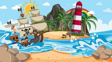 praia durante o dia com o personagem de desenho animado de crianças piratas no navio vetor