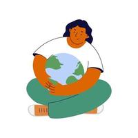 mulher abraços planeta com Cuidado em branco fundo. meio Ambiente proteção, sustentabilidade conceito. eco amigável. terra dia. plano vetor ilustração
