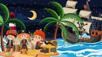 cena da ilha do tesouro à noite com crianças piratas vetor