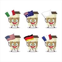 café copo desenho animado personagem trazer a bandeiras do vários países vetor