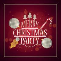 cartão de convite de festa de feliz natal com bolas de festa criativas em fundo vermelho vetor