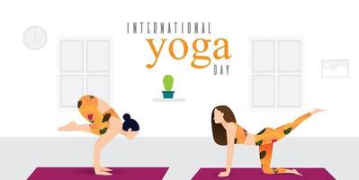 mulheres praticando ioga em casa no dia internacional de ioga vetor