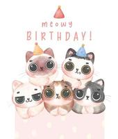 grupo do adorável aniversário gatinho gatos cabeça dentro diferente raças miado aniversário aguarela ilustração cumprimento cartão vetor