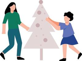 mãe e filha estão decoração a Natal árvore. vetor