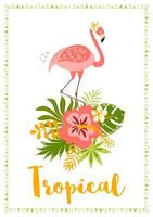 Rosa flamingo, fofa verde tropical folhas hibisco ramalhete. tropical conceito. verão festa trópico fundo. □ Gentil Rosa flamingo, gráfico verão Projeto. exótico floral convite vetor ilustração.