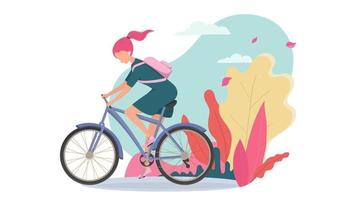 uma menina passeios uma bicicleta, uma europeu mulher passeios uma bicicleta dentro a outono panorama. poster ou bandeira para bicicleta comprar, roupa de esporte ou cartão postal vetor