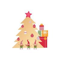 Natal árvore com presentes e três elfos. caixas com Natal presentes debaixo a árvore vetor