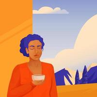 vetor ilustração do uma menina bebendo chá ou café dentro uma montanha casa em a terraço. outono e inverno feriados, hotéis e pousadas em a Mediterrâneo mar, ciprestes e montanhas