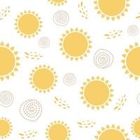 Sol desatado padronizar fundo. fofa ensolarado amarelo verão fundo dentro fofa desenho animado estilo. mão desenhando Sol símbolos papel de parede. decorativo imprimível papel. vetor ilustração.