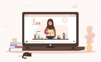 escola de culinaria. master class culinária online. garota árabe em hijab preparando refeições caseiras para almoço ou jantar. o chef ensina a cozinhar. aprendendo em casa. ilustração em vetor plana dos desenhos animados.