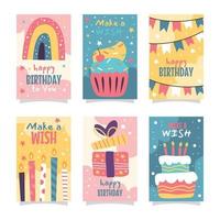 coleção de cartões de aniversário de doodles coloridos vetor