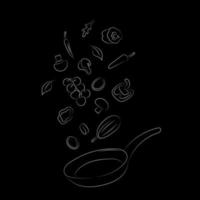 esboço do mão desenhado esboços do uma fritar panela e vegetais, legumes pendurado dentro a ar, branco imagem em uma Preto fundo, cozinhando vetor