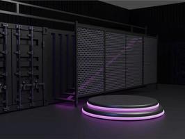 3d pódio néon luz e Sombrio com recipiente conceito vetor