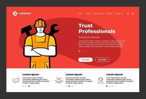 profissionais de confiança suportam modelo de design de página de destino de site de serviço de reparo de construtor. marido homem para trabalhador hora no capacete com uma chave inglesa e martelo. ordenando ilustração vetorial mestre de mão de obra vetor