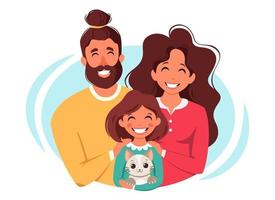 família feliz com filha e gato. dia internacional das famílias. ilustração vetorial vetor