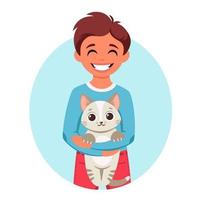 menino bonito com um gato nas mãos. menino com animal de estimação. ilustração vetorial vetor