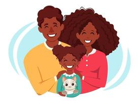 feliz família afro-americana com filha e gato. dia internacional das famílias. ilustração vetorial vetor