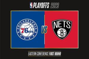 Filadélfia 76ers vs Brooklyn redes, 2023 nba jogos decisivos. torneio do a nacional basquetebol associações 2022-23 temporada. tbilisi, geórgia - abril 14, 2023. vetor