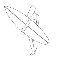 contínuo linha desenhando do uma surfista menina com uma prancha de surfe, 1 linha desenhando do uma surfista garota. vetor ilustração
