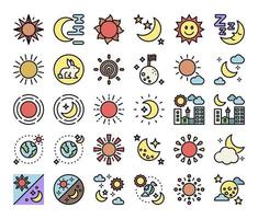 ícones do vetor de contorno de cor do sol e da lua